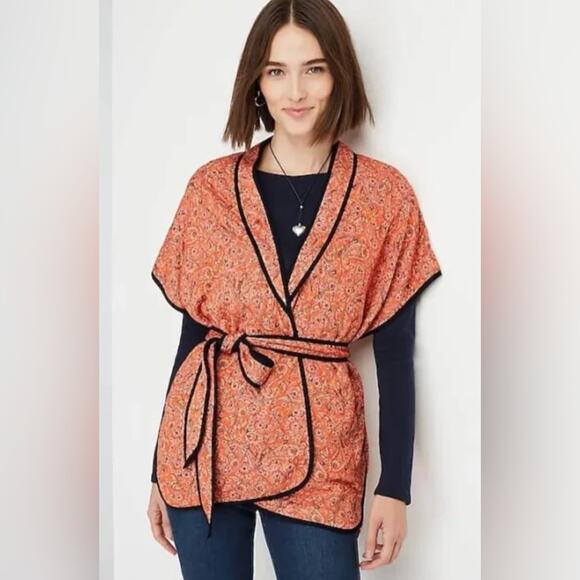 J Jill Women’s Quilted Ruana Kimono Belted Jacket S/L Orange Paisley Cottagecore - Picture 1 of 11